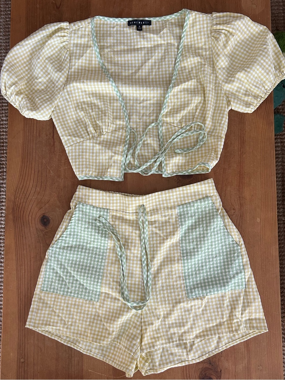Blue Blush Pastel Yellow & Mint Gingham Tie-Front Crop Top and shorts set